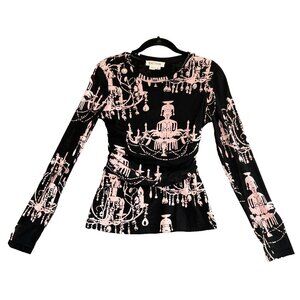 VTG Womens Med Black Pink Chandelier Print Sheer Long Sleeve Stretch Top